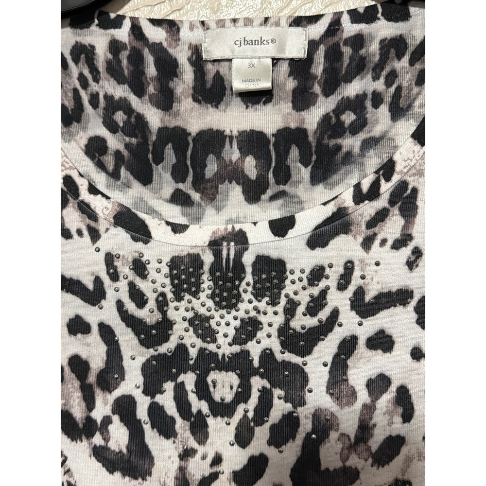 C.J. Banks Women 3X Leopard Animal Print Rhinestone Accent Short Slv Top Black - Picture 2 of 5